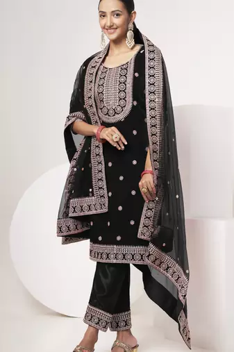Black velvet sequince zari embroidered work festival long straight salwar suit pent dupatta semi stitched
