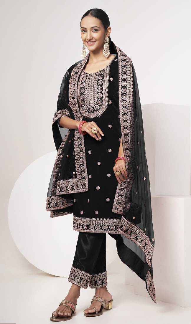 Black velvet sequince zari embroidered work festival long straight salwar suit pent dupatta semi stitched