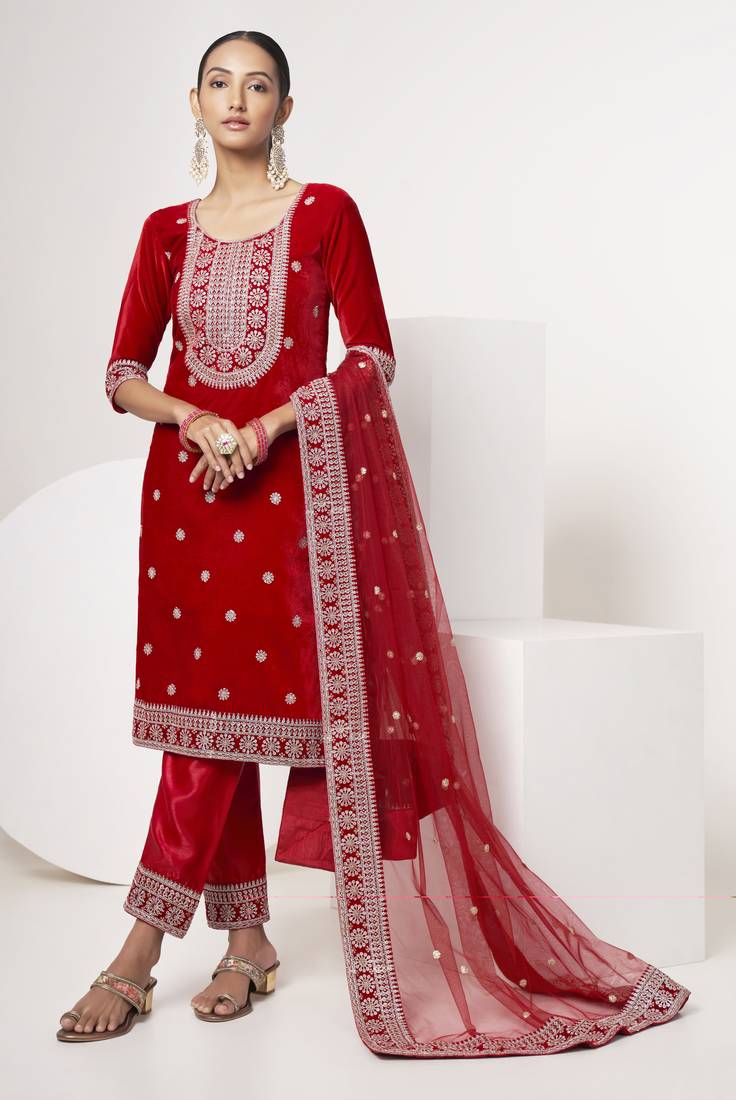 Red velvet sequince zari embroidered work festival long straight salwar suit pent dupatta semi stitched