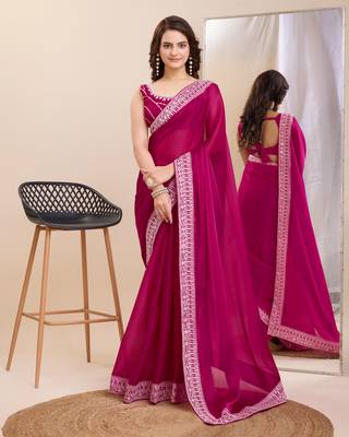 Pink burbarry silk saree with work blouse piece 1