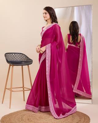 Pink burbarry silk saree with work blouse piece 2