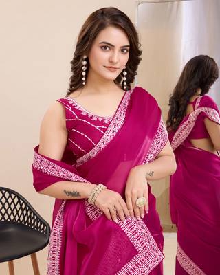 Pink burbarry silk saree with work blouse piece 4
