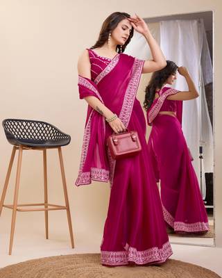 Pink burbarry silk saree with work blouse piece 5