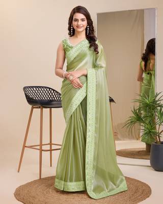 Pista green  burbarry silk saree with work blouse piece 1
