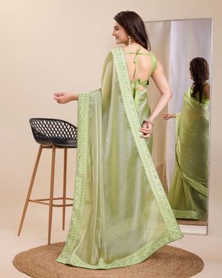 Pista green  burbarry silk saree with work blouse piece 3