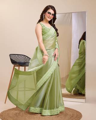 Pista green  burbarry silk saree with work blouse piece 5