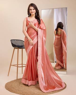 Peach burbarry silk saree with work blouse piece 1