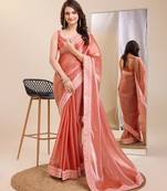 Peach burbarry silk saree with work blouse piece