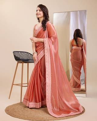 Peach burbarry silk saree with work blouse piece 2