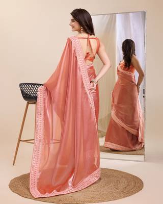 Peach burbarry silk saree with work blouse piece 3