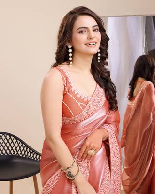Peach burbarry silk saree with work blouse piece 4