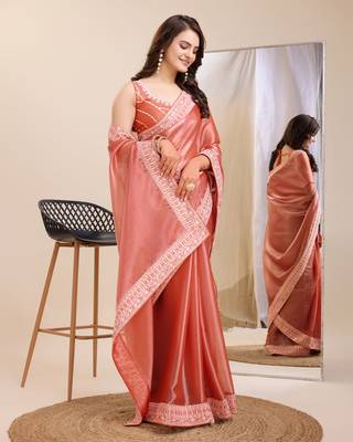 Peach burbarry silk saree with work blouse piece 5