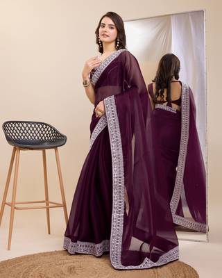 Purple  burbarry silk saree with work blouse piece 2