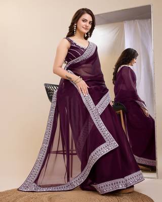 Purple  burbarry silk saree with work blouse piece 5