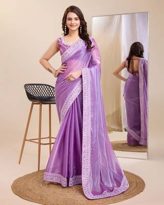 Lavander  burbarry silk saree with work blouse piece 1