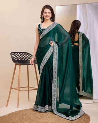 Green burbarry silk saree with work blouse piece 1
