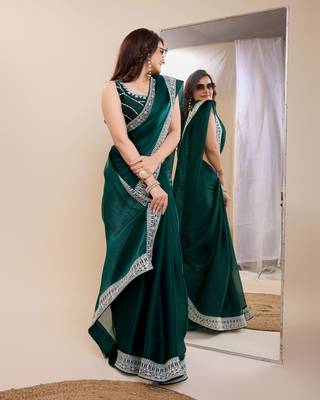 Green burbarry silk saree with work blouse piece 2
