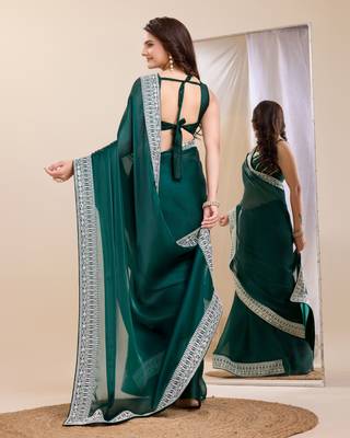 Green burbarry silk saree with work blouse piece 3