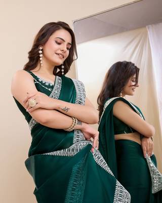 Green burbarry silk saree with work blouse piece 4