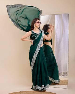 Green burbarry silk saree with work blouse piece 5