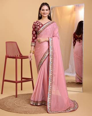 Pink soft organza  saree with work blouse  piece 1