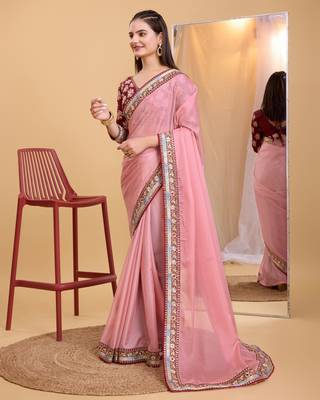 Pink soft organza  saree with work blouse  piece 2