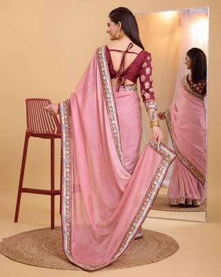 Pink soft organza  saree with work blouse  piece 3