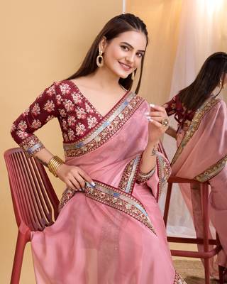 Pink soft organza  saree with work blouse  piece 4