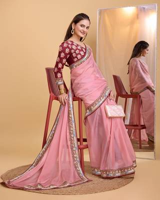 Pink soft organza  saree with work blouse  piece 5