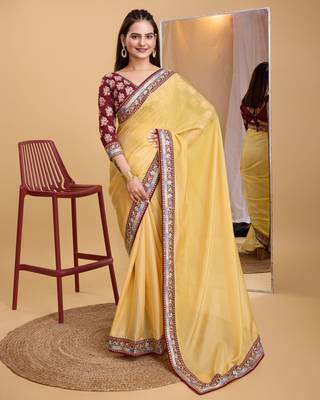 Yellow  soft organza  saree with work blouse  piece 1