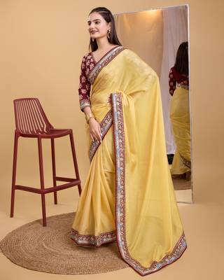 Yellow  soft organza  saree with work blouse  piece 2