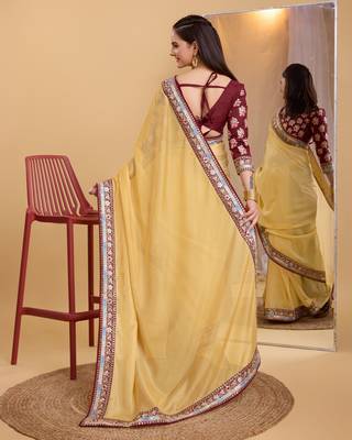 Yellow  soft organza  saree with work blouse  piece 3