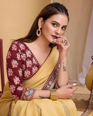 Yellow  soft organza  saree with work blouse  piece 4