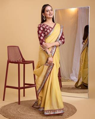 Yellow  soft organza  saree with work blouse  piece 5