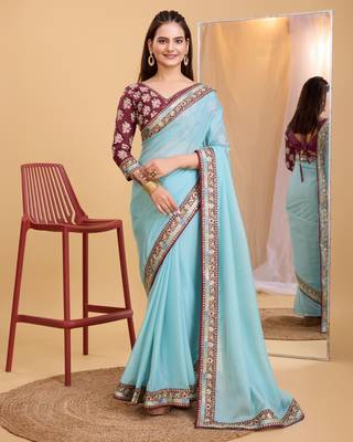 Blue  soft organza  saree with work blouse  piece 1