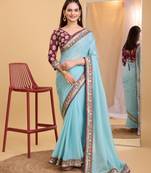 Blue  soft organza  saree with work blouse  piece
