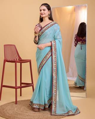 Blue  soft organza  saree with work blouse  piece 2