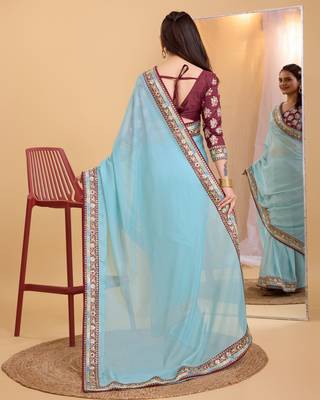 Blue  soft organza  saree with work blouse  piece 3