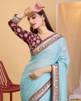 Blue  soft organza  saree with work blouse  piece 4