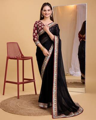Black soft organza  saree with work blouse  piece 1