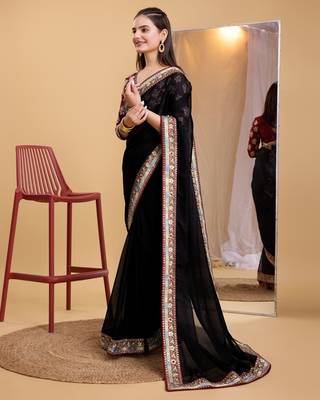 Black soft organza  saree with work blouse  piece 2