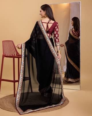 Black soft organza  saree with work blouse  piece 3