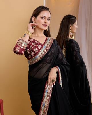 Black soft organza  saree with work blouse  piece 4