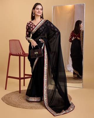 Black soft organza  saree with work blouse  piece 5