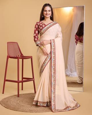 Chikoo  soft organza  saree with work blouse  piece 1