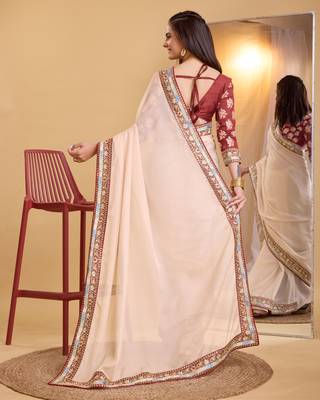 Chikoo  soft organza  saree with work blouse  piece 3