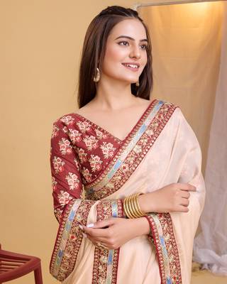 Chikoo  soft organza  saree with work blouse  piece 4