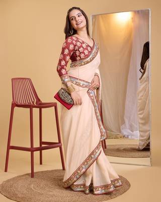 Chikoo  soft organza  saree with work blouse  piece 5