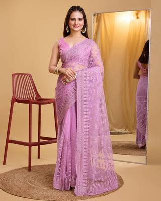 Lavender soft net sarree with plain blouse piece 1