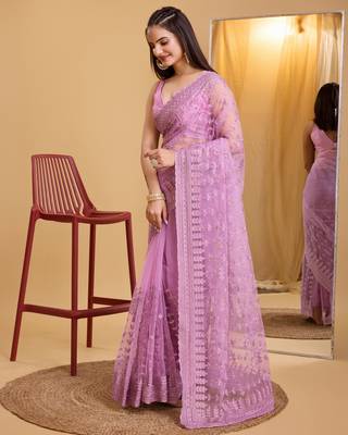 Lavender soft net sarree with plain blouse piece 2